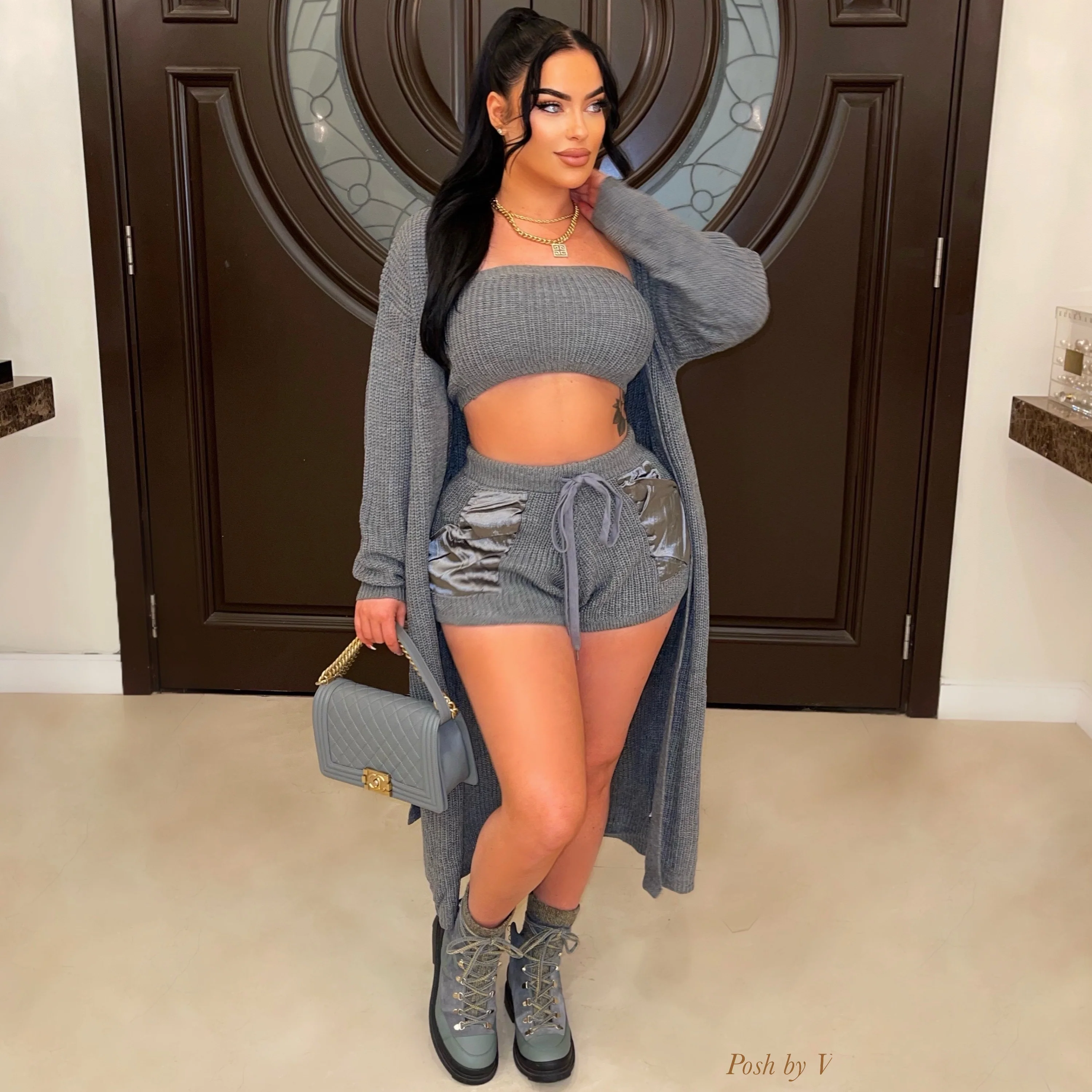 Alice 3pcs cardigan/shorts set (Taupe) - Image 3
