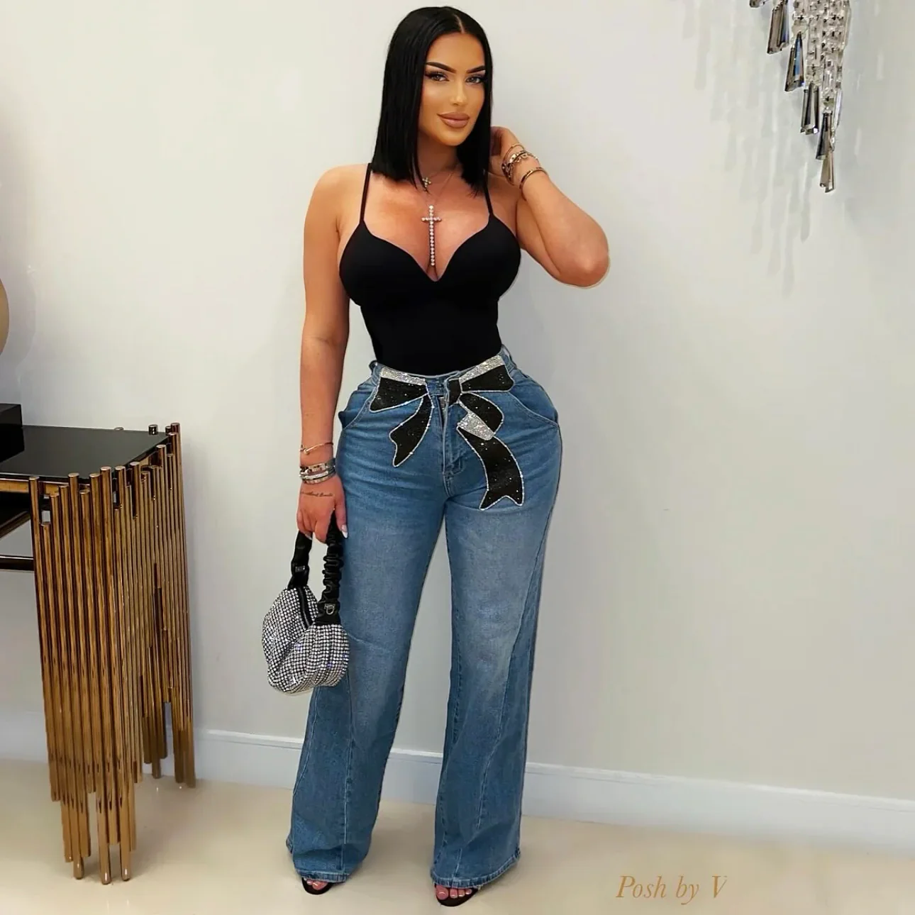 Bow crystal jeans (Blue/black/silver)