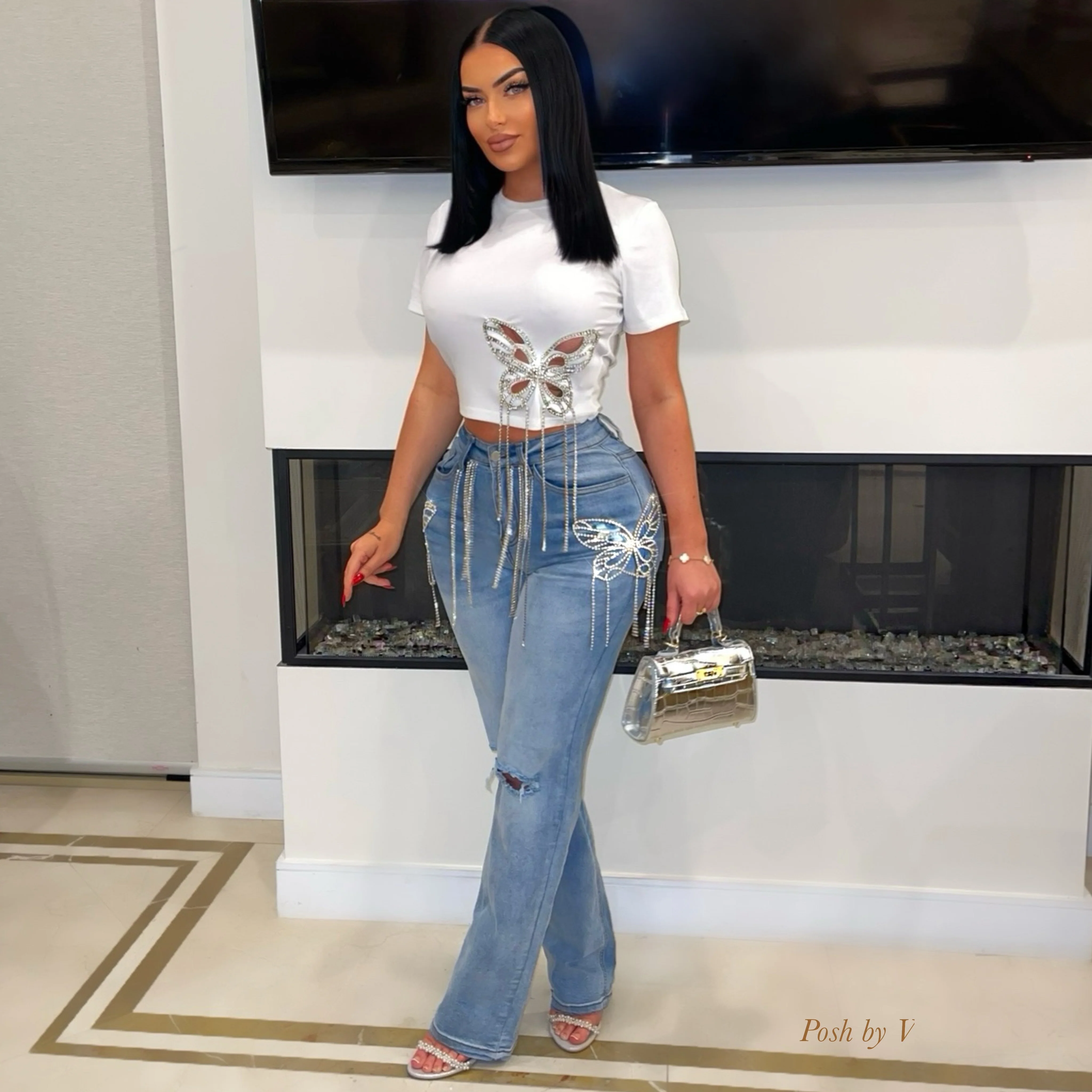 Butterfly crystal jeans (Blue/silver) - Image 2