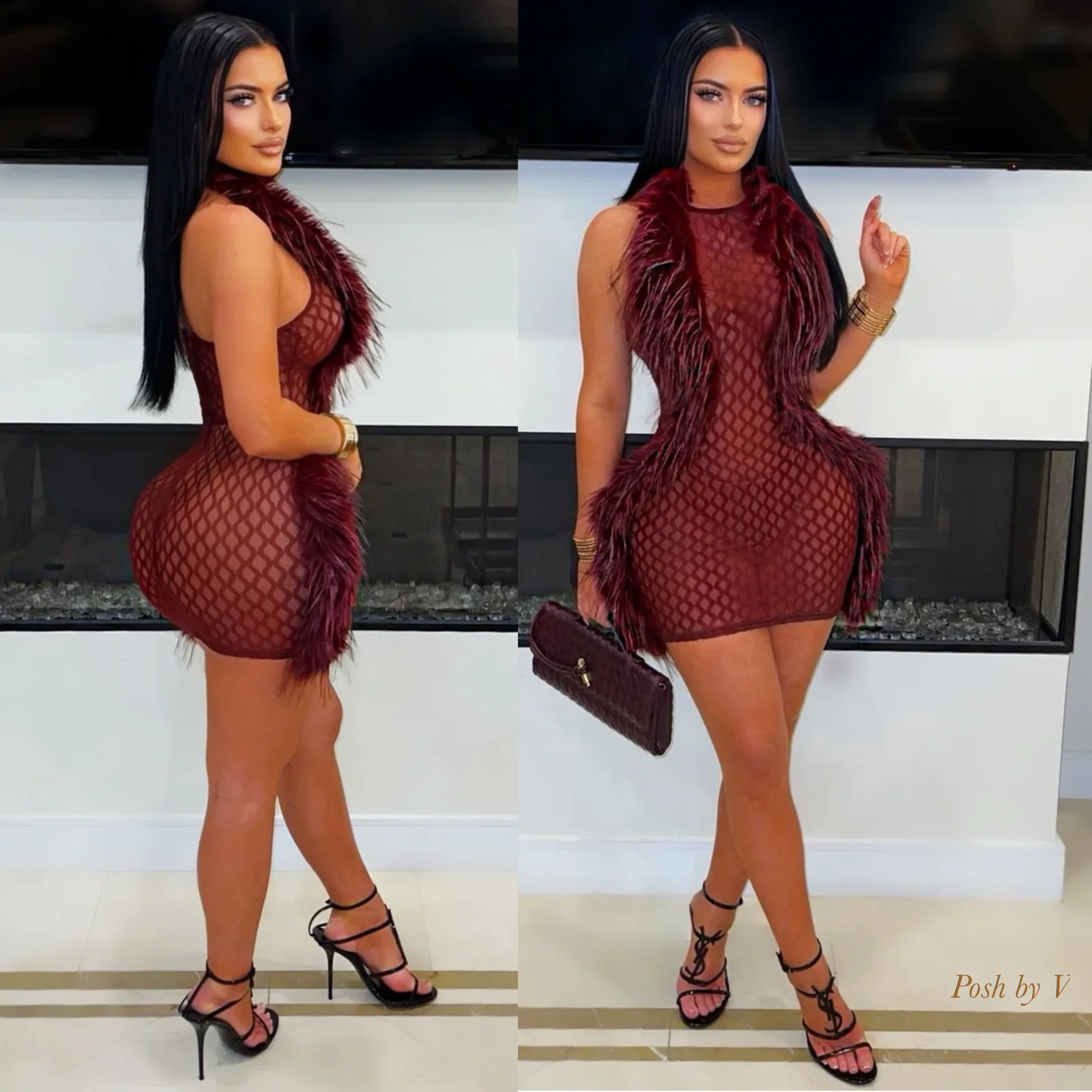Couture fur mini dress (Burgundy) - Image 3
