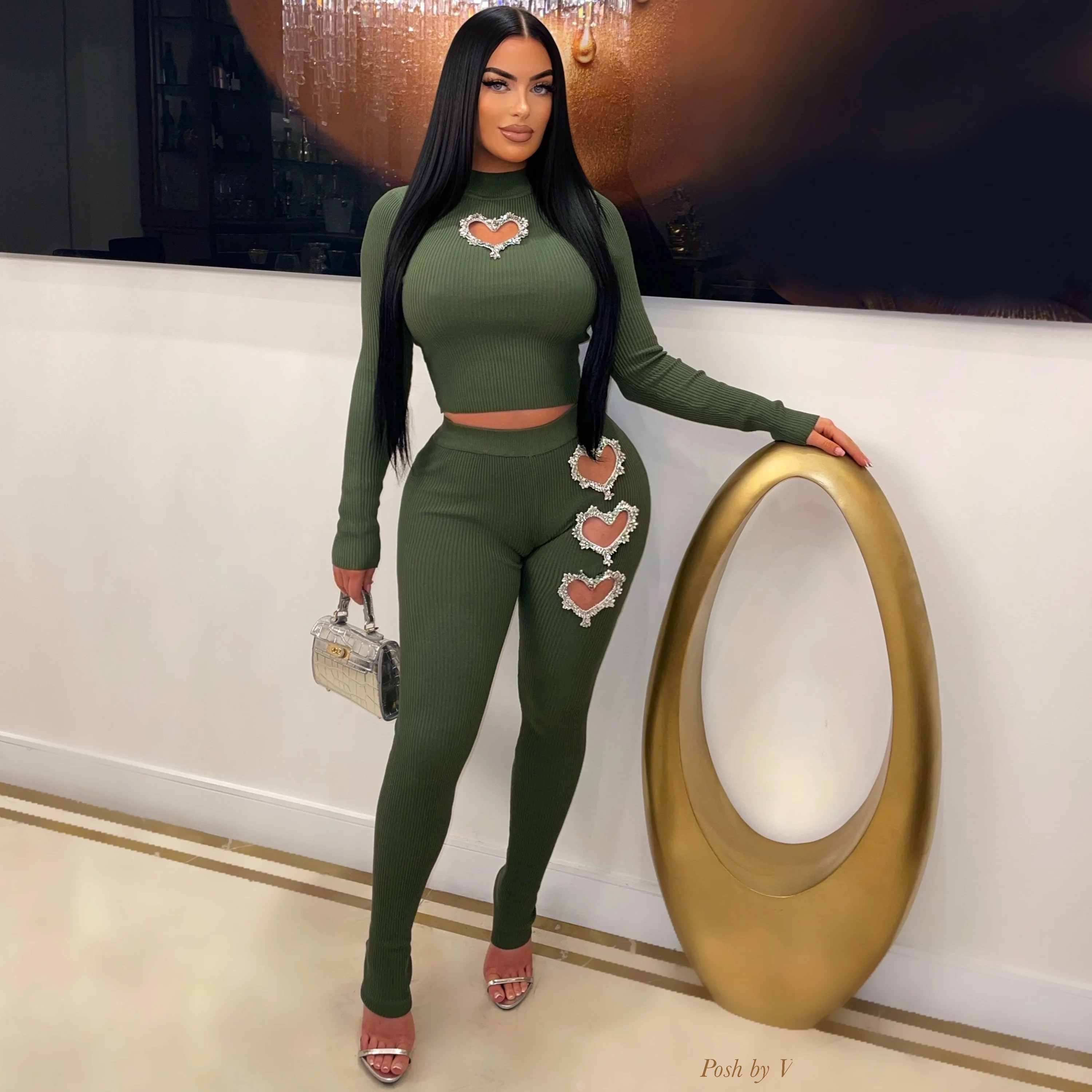 Crystal hearts knit leggings set (Green)