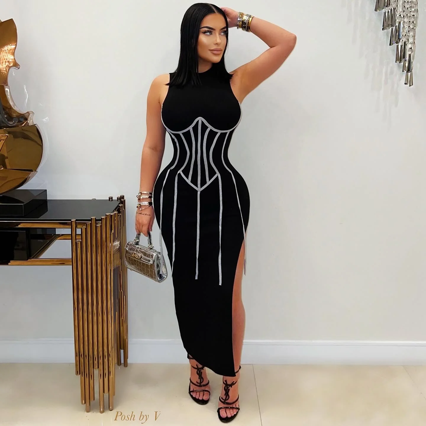 Henzi corset midi dress (Coffee/gold) - Image 2