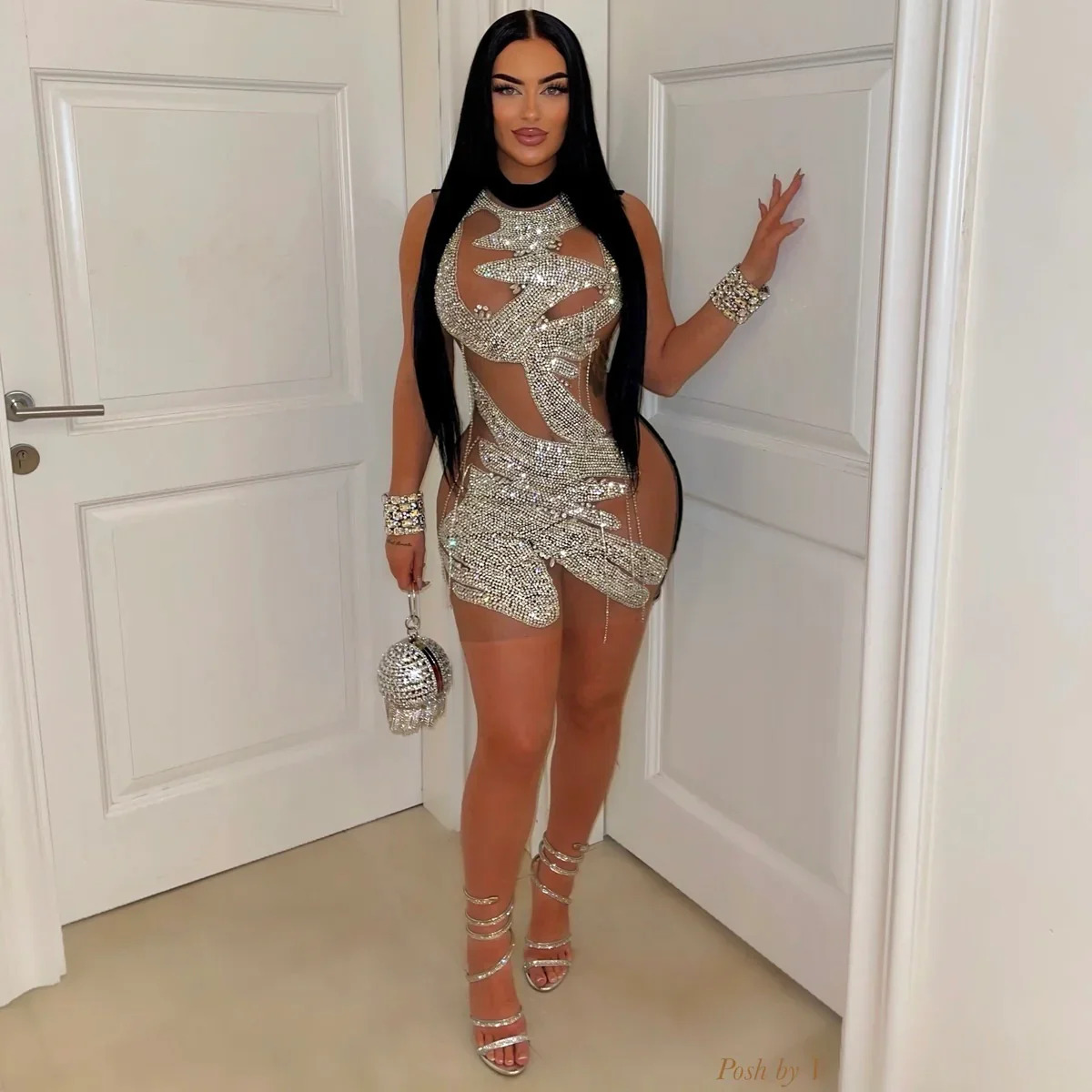 Lesque crystal glam dress (Silver/black)