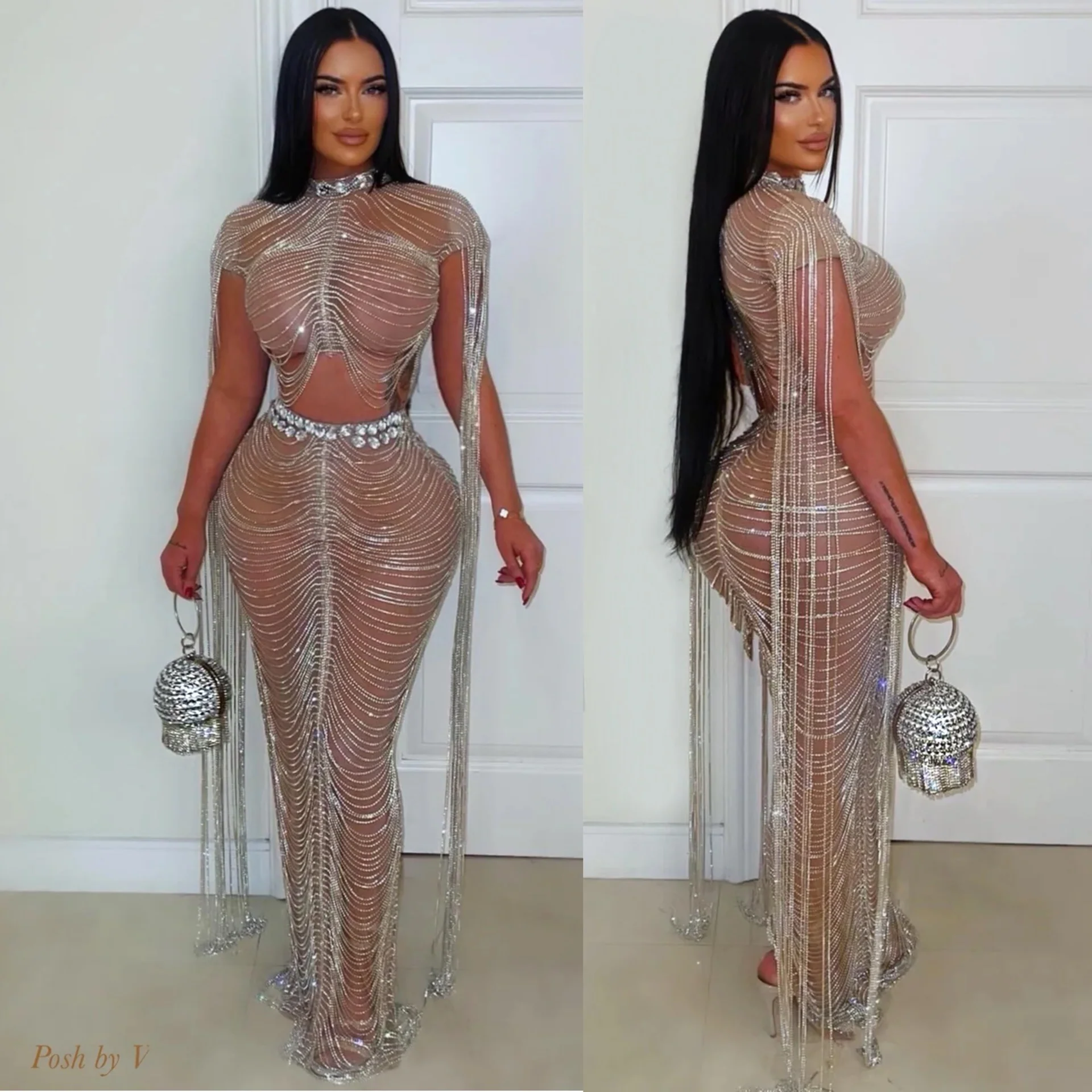 Luxure crystal chain skirt set (Nude/Silver)