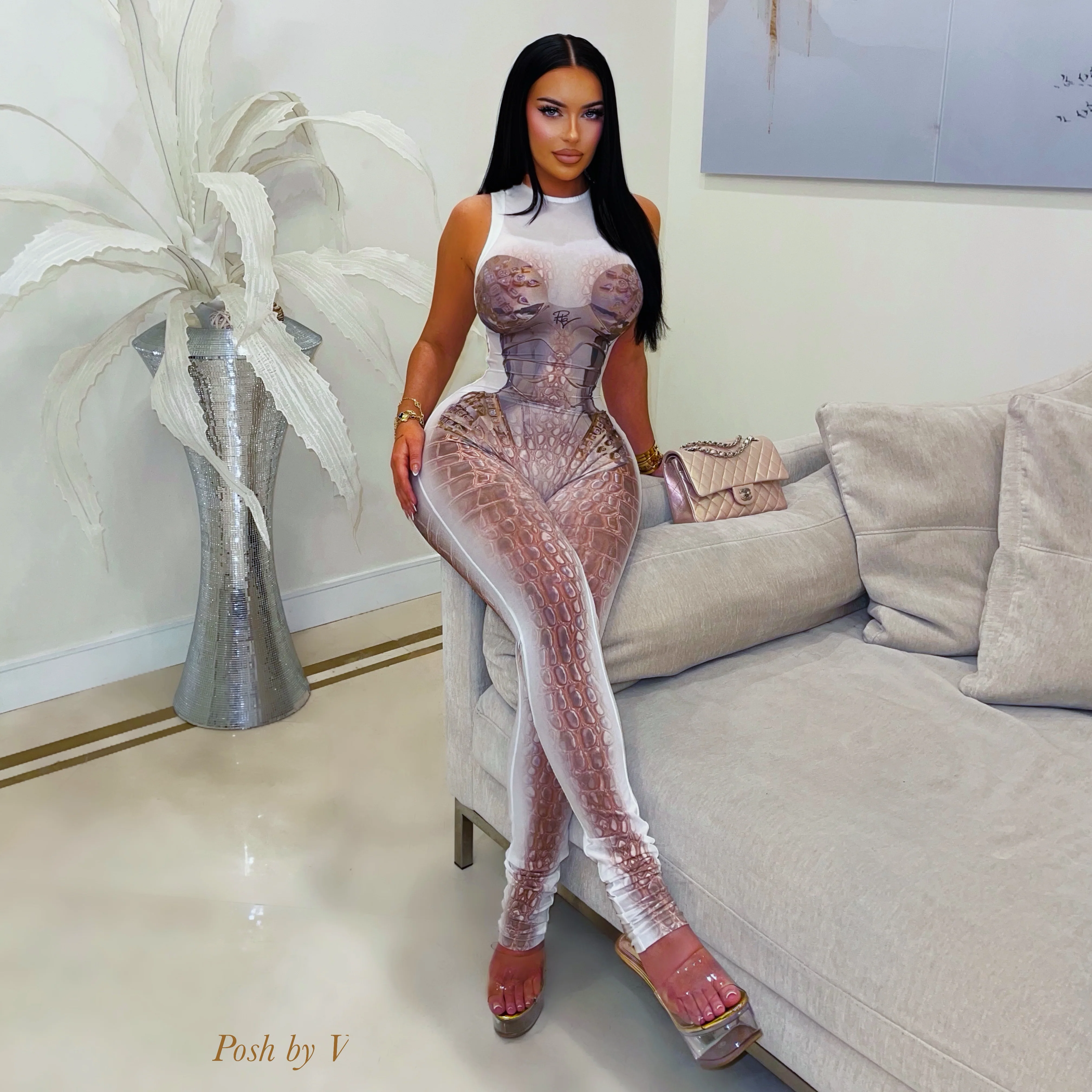 Posh croc body jumpsuit (White/brown) - Image 2