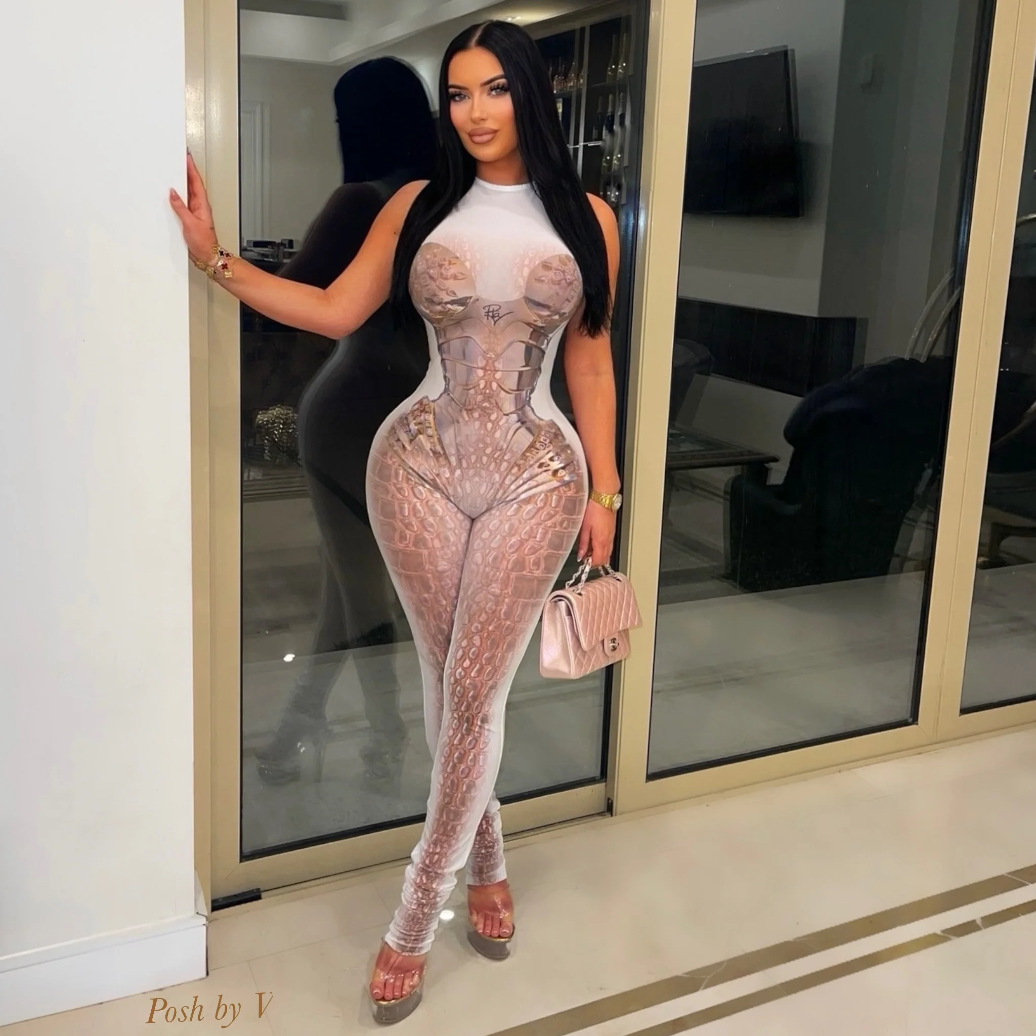 Posh croc body jumpsuit (White/brown) - Image 3