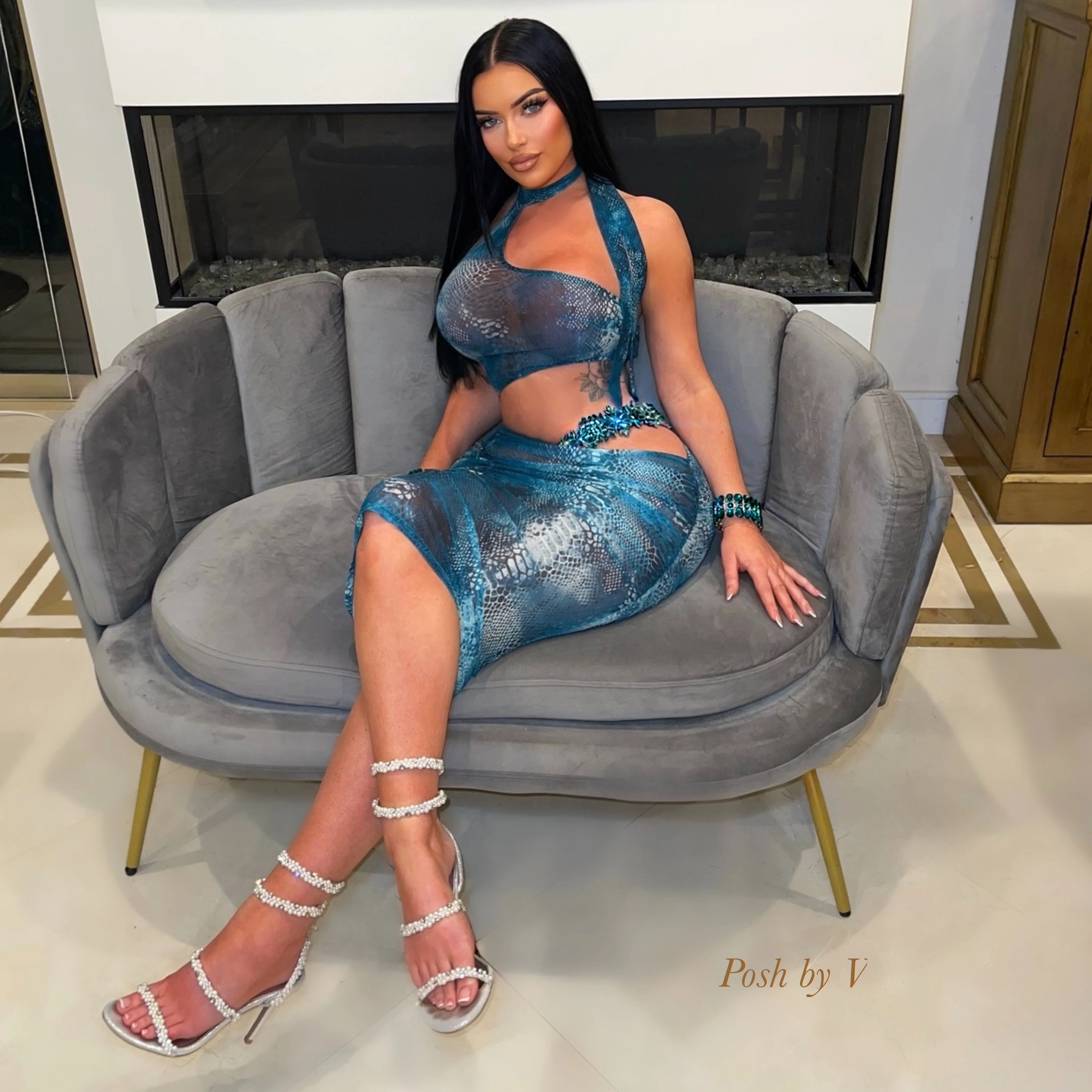 Posh snake glam dress (Aqua/white)