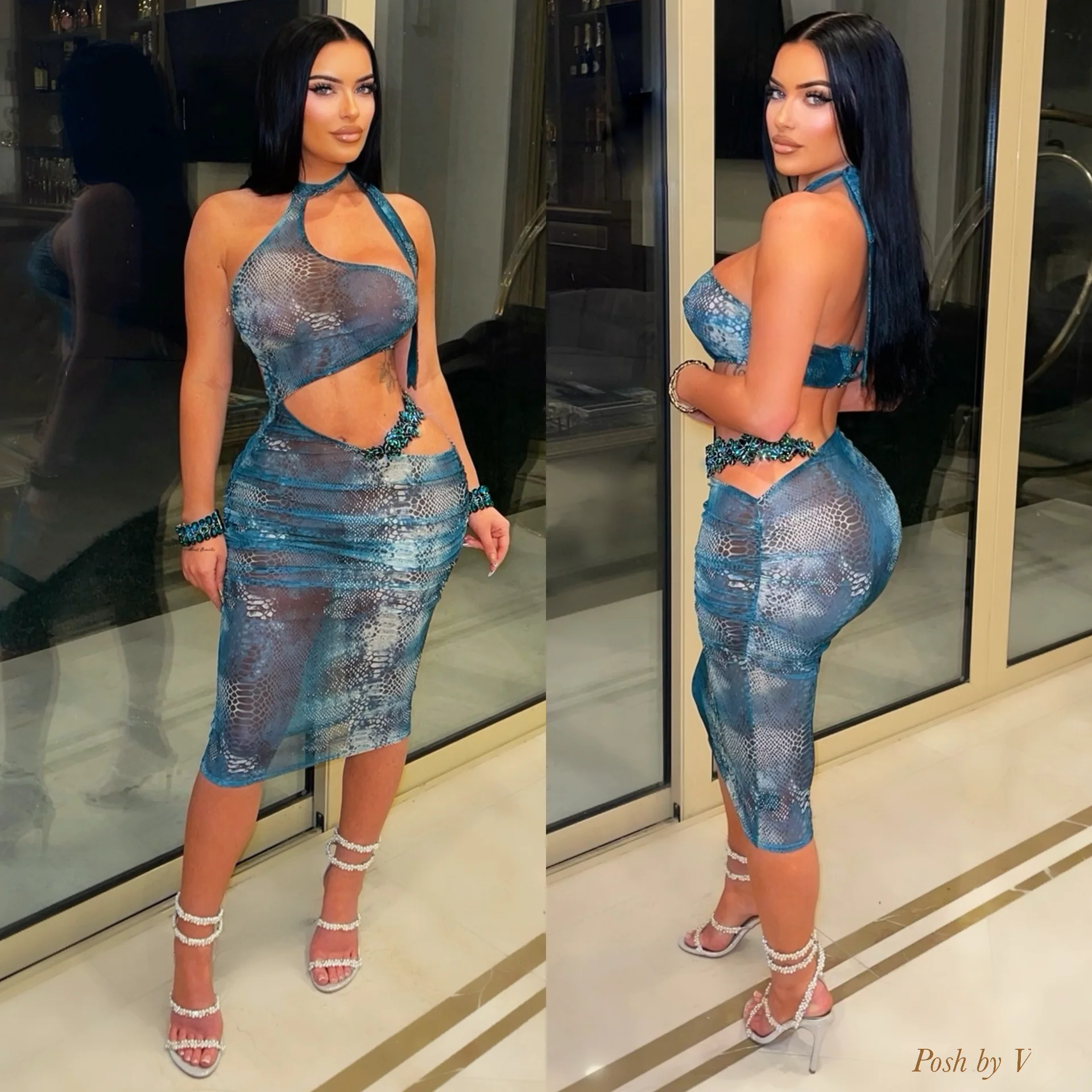 Posh snake glam dress (Aqua/white) - Image 2