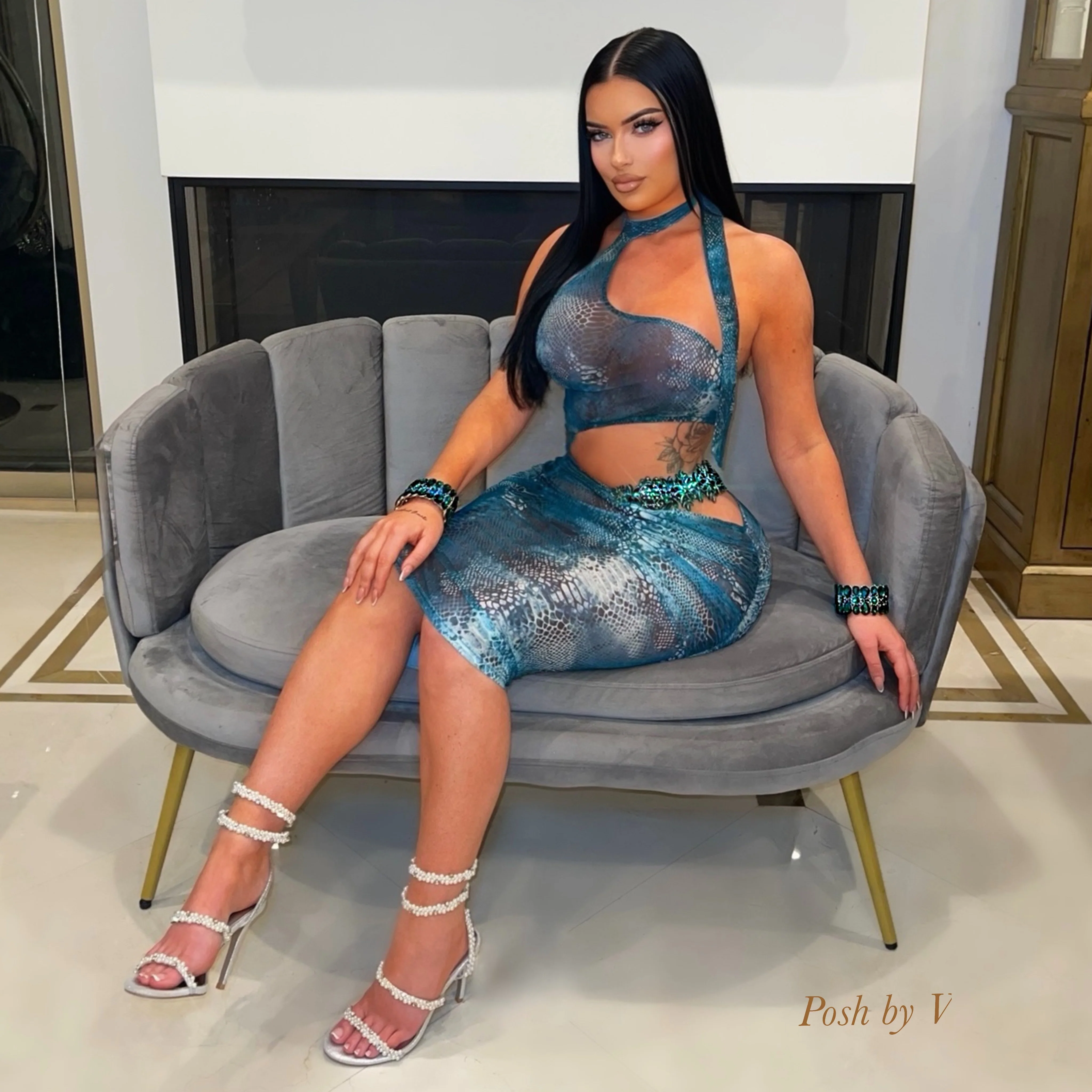 Posh snake glam dress (Aqua/white) - Image 3