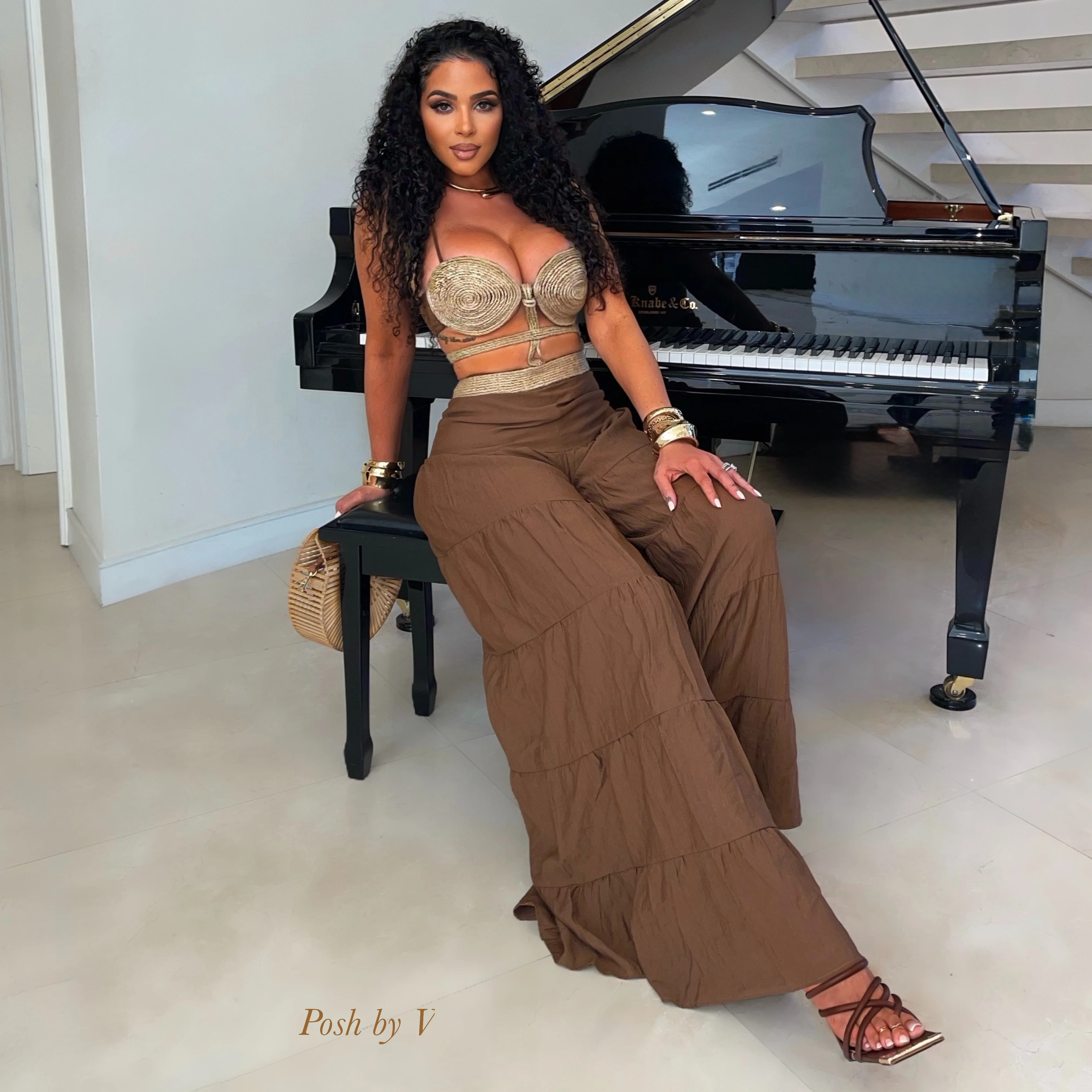 Raffia palazzo jumpsuit (Nude/Brown)