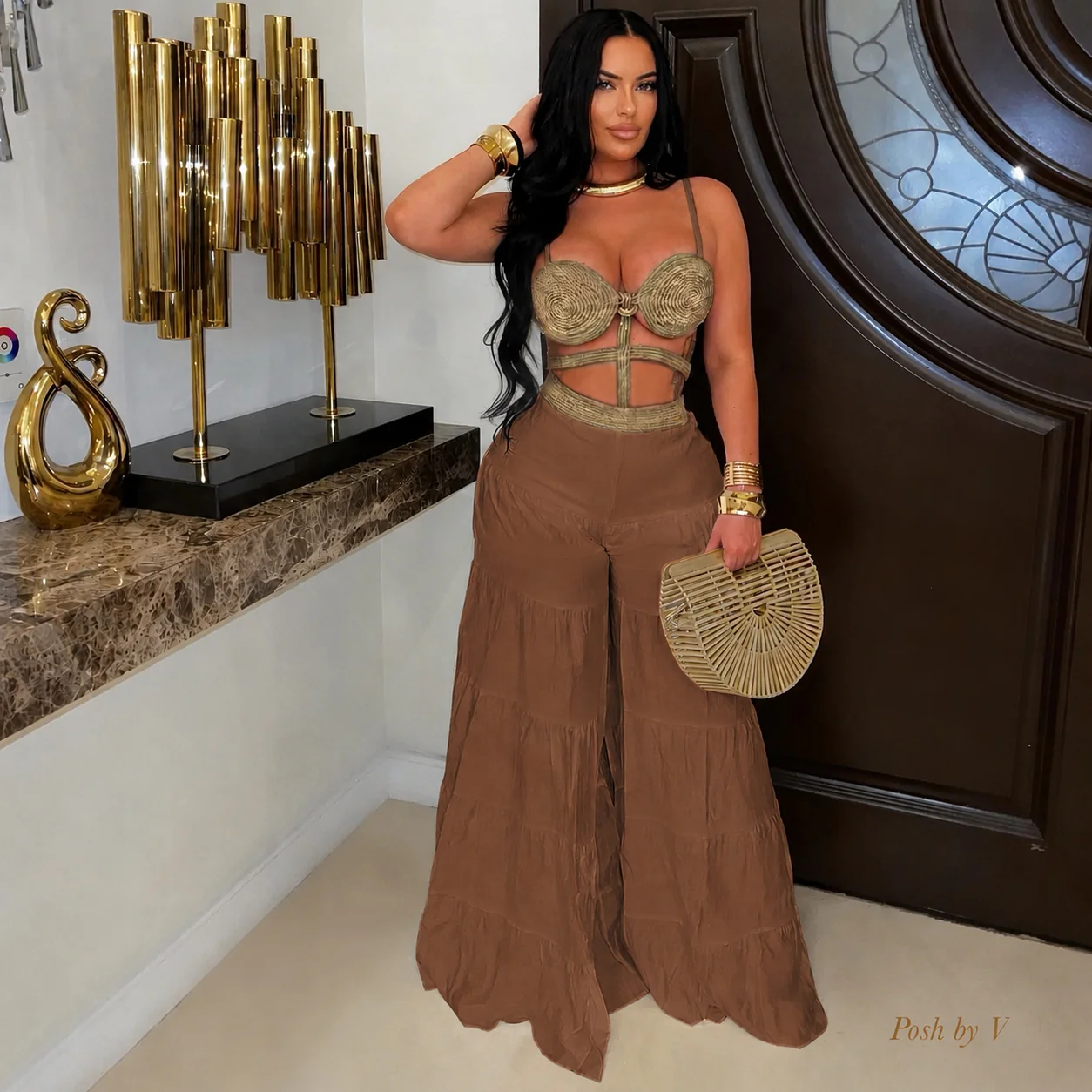 Raffia palazzo jumpsuit (Nude/Brown) - Image 2