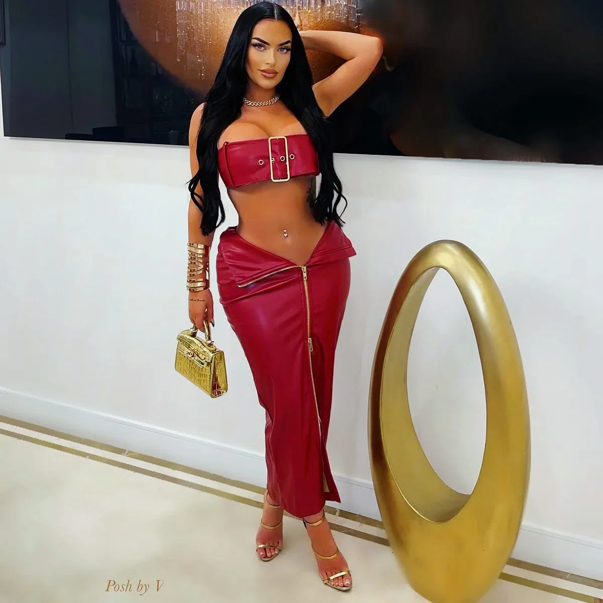 Revolt belted skirt set (Red/gold)
