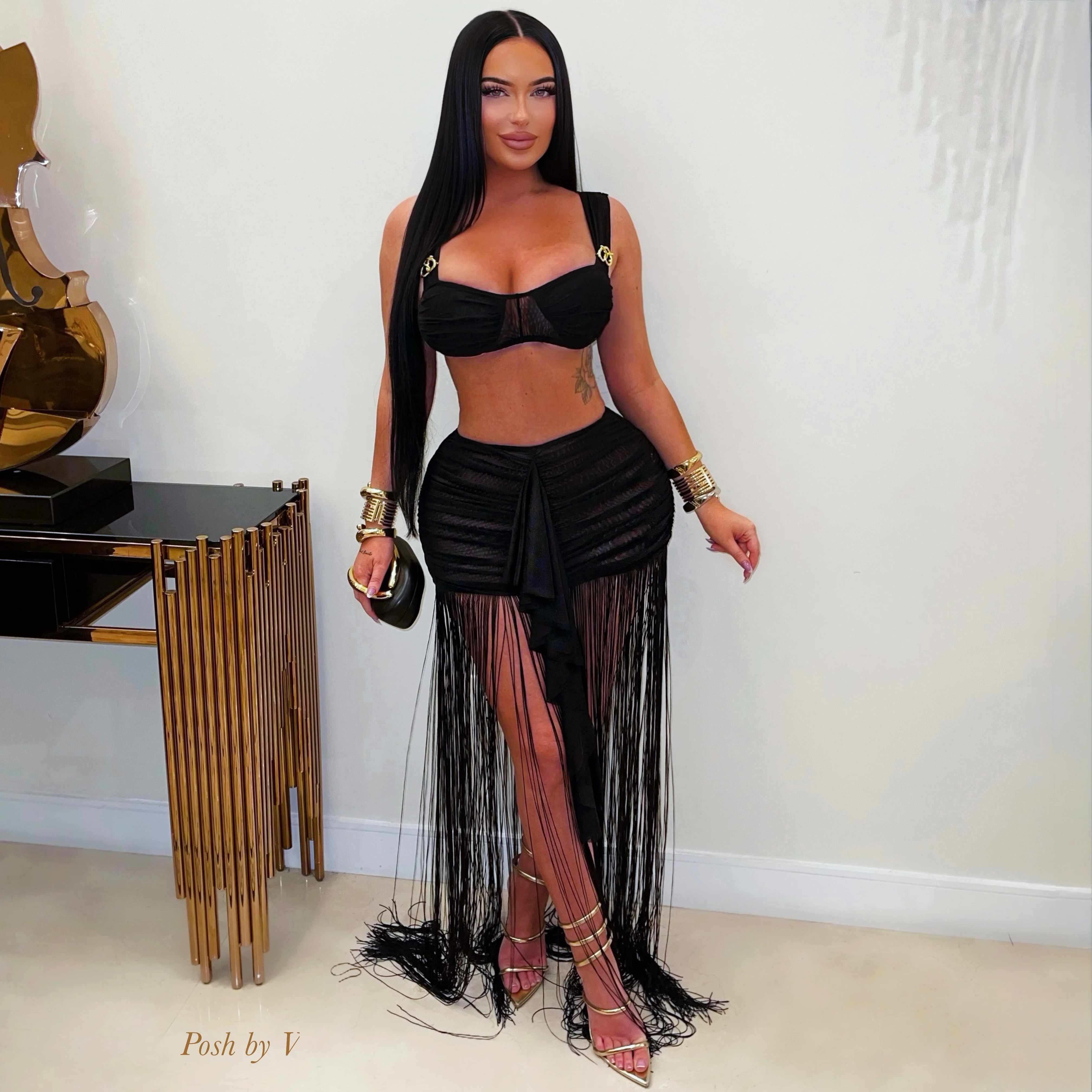Saxa resort fringe skirt set (Black)
