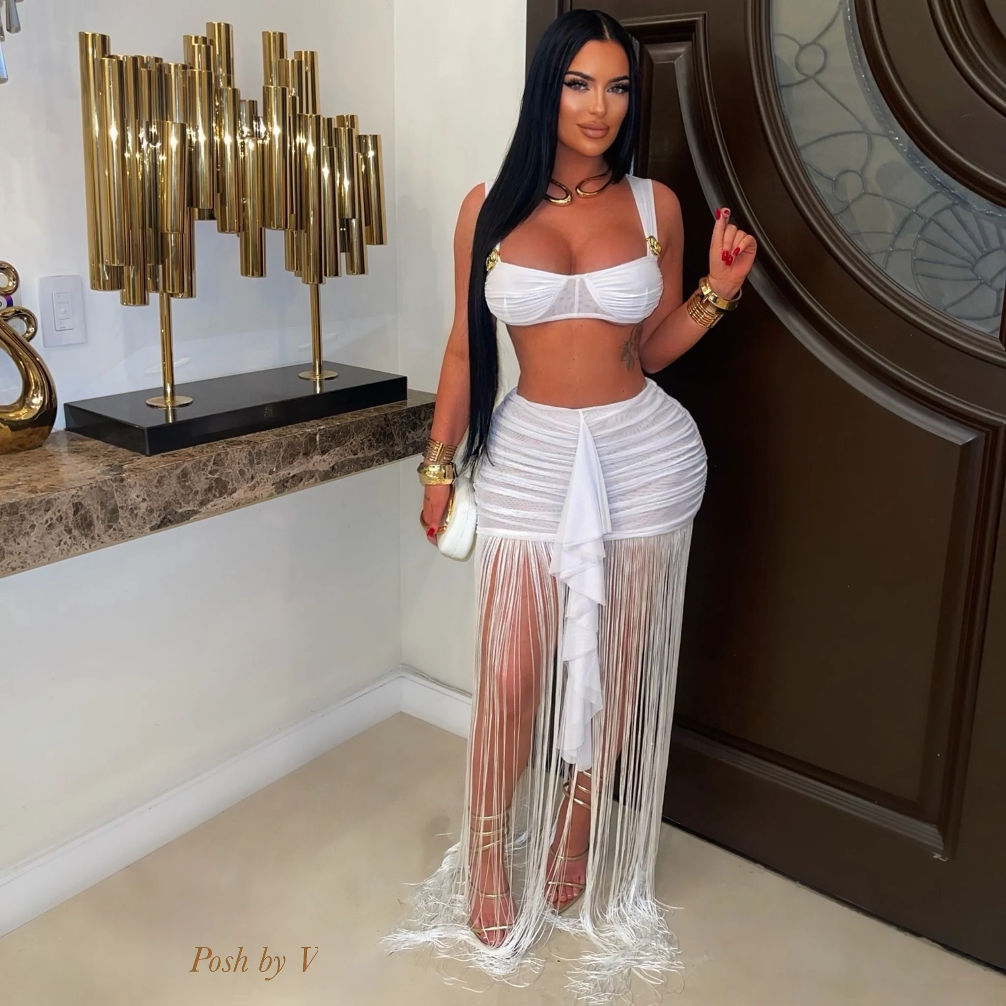 Saxa resort fringe skirt set (White)