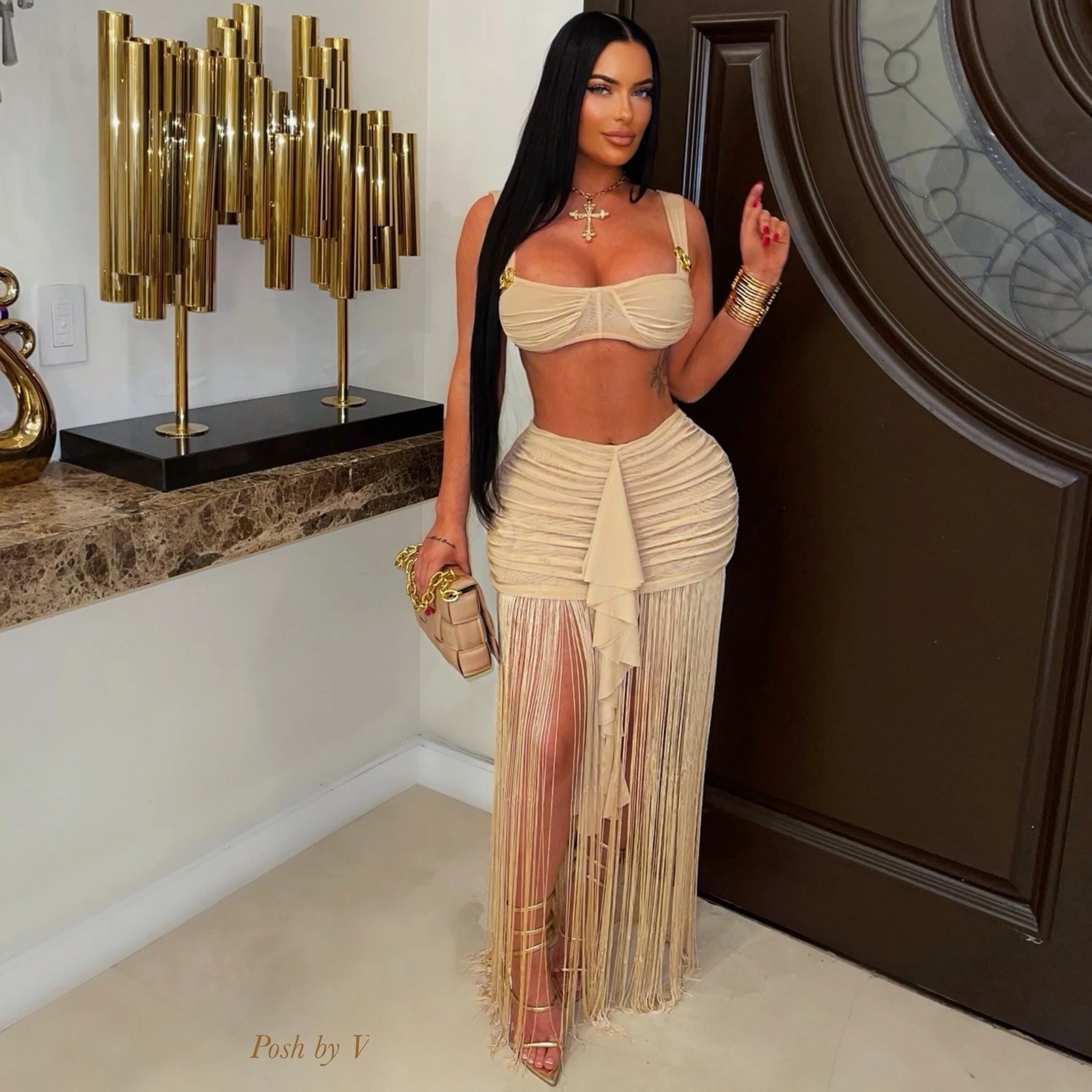 Saxa resort fringe skirt set (Nude)