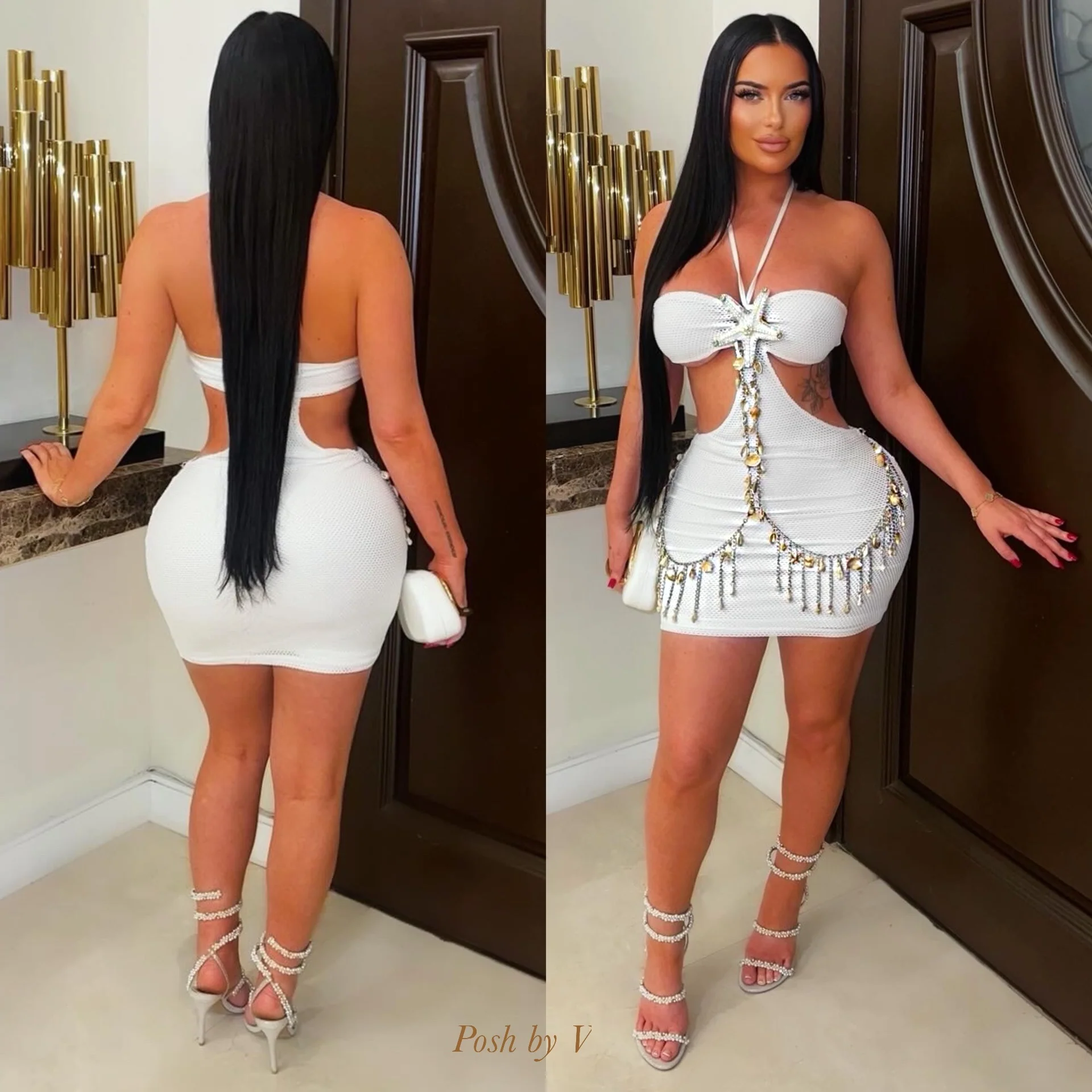 Setai cut out mini dress w/chain (White)