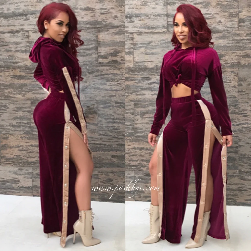 Velvet Snapped Pants Set (Wine) - Image 3